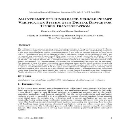 AN INTERNET OF THINGS BASED VEHICLE PERMIT VERIFICATION SYSTEM WITH DIGITAL D...