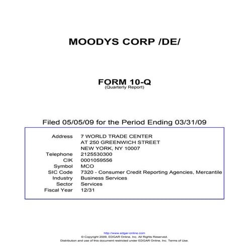 Q1 2009 Earning Report of Moodys Corp