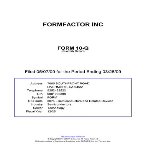 Q1 2009 Earning Report of Formfactor Inc,
