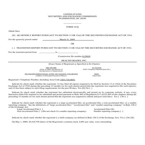 Q1 2009 Earning Report of Health Grades, Inc.