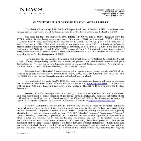 Q1 2009 Earning Report of Olympic Steel Inc.