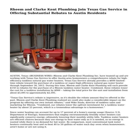 Rheem And Clarke Kent Plumbing Join Texas Gas Service In Offering 