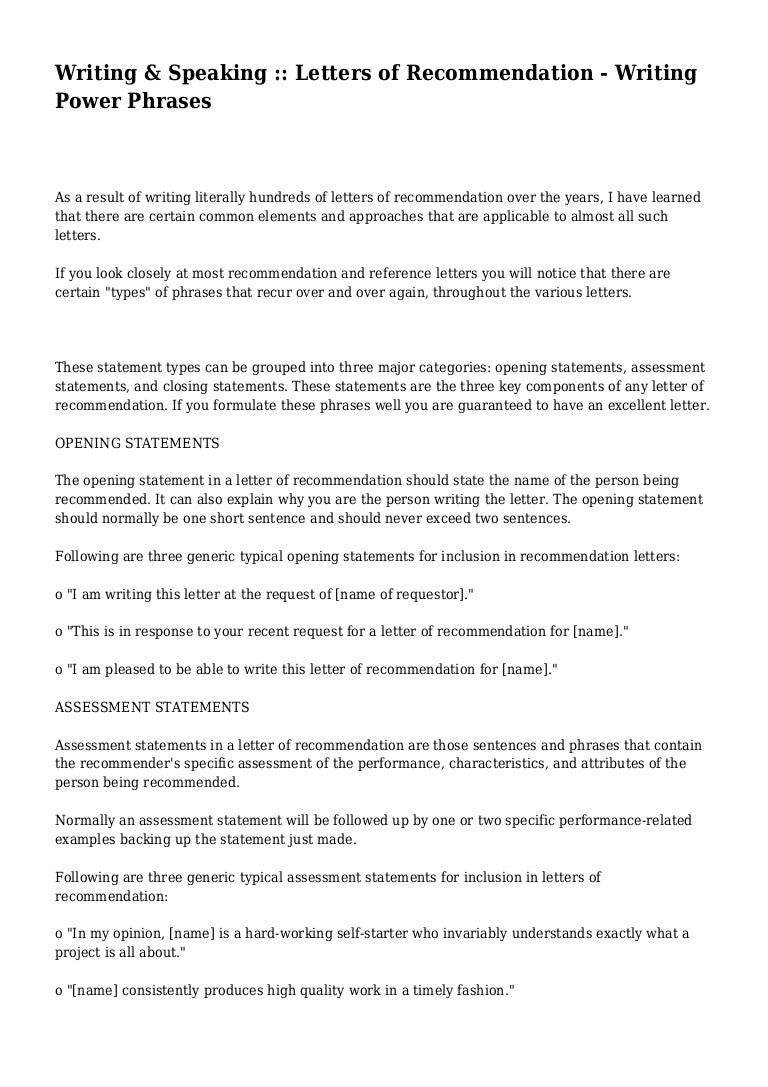 writing speaking letters of recommendation writing recommendation letter phrases