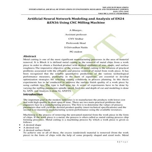 Artificial Neural Network Modeling and Analysis of EN24 &EN36 Using CNC Milli...