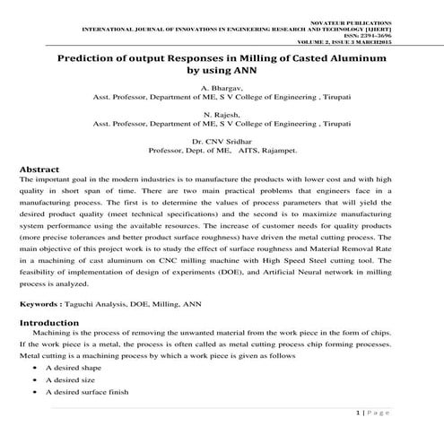 Prediction of output Responses in Milling of Casted Aluminum by using ANN