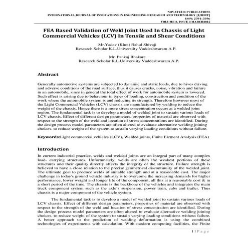 FEA Based Validation of Weld Joint Used In Chassis of Light Commercial Vehicl...