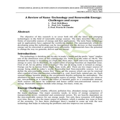 A Review of Nano -Technology and Renewable Energy: Challenges and scope 