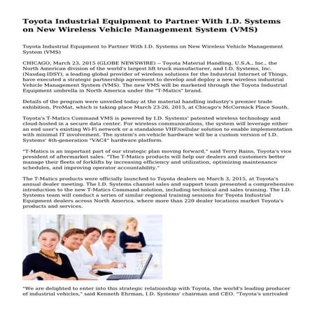 Toyota Industrial Equipment to Partner With I.D. Systems on New Wireless Vehi...