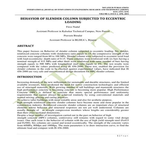 BEHAVIOR OF SLENDER COLUMN SUBJECTED TO ECCENTRIC LOADING