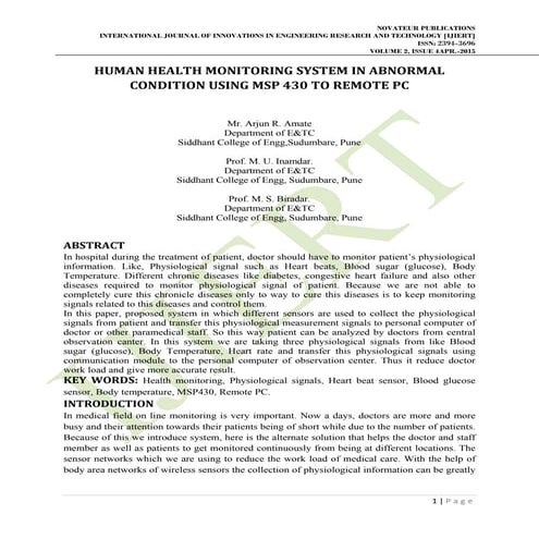  HUMAN HEALTH MONITORING SYSTEM IN ABNORMAL CONDITION USING MSP 430 TO REMOTE...