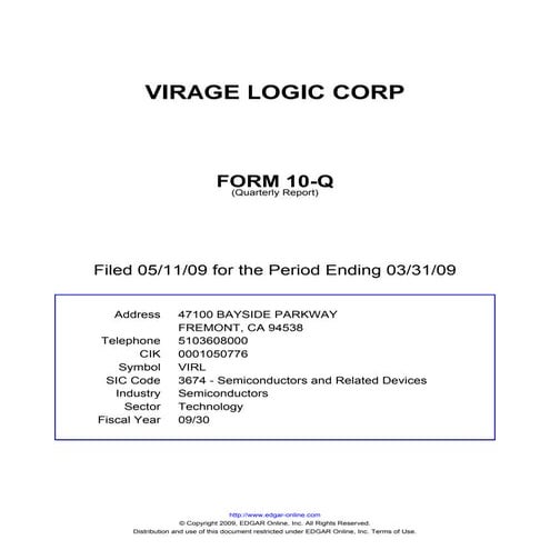 Q1 2009 Earning Report of Virage Logic Corp.