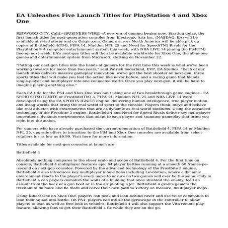 EA Unleashes Five Launch Titles for PlayStation 4 and Xbox One