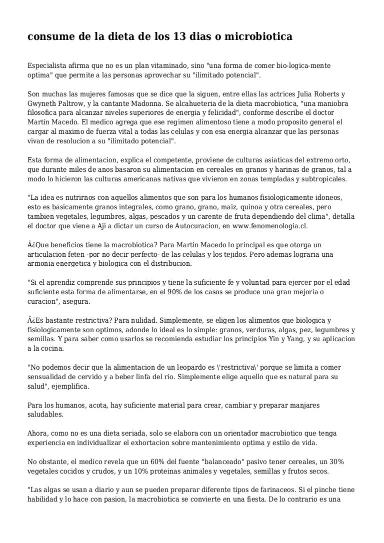 Dieta macrobiotica adelgazar 13 dias