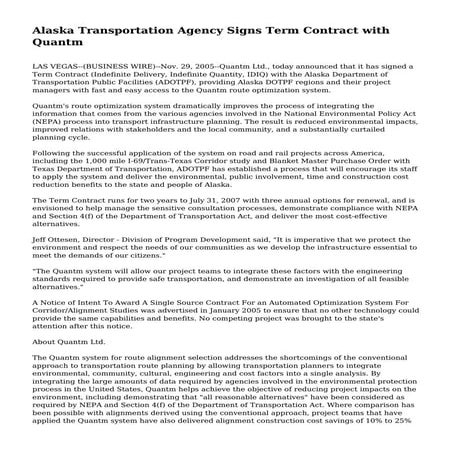Alaska Transportation Agency Signs Term Contract with Quantm