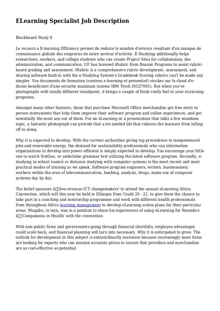 ELearning Specialist Job Description