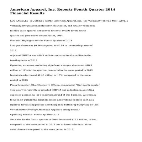 American Apparel, Inc. Reports Fourth Quarter 2014 Financial Results