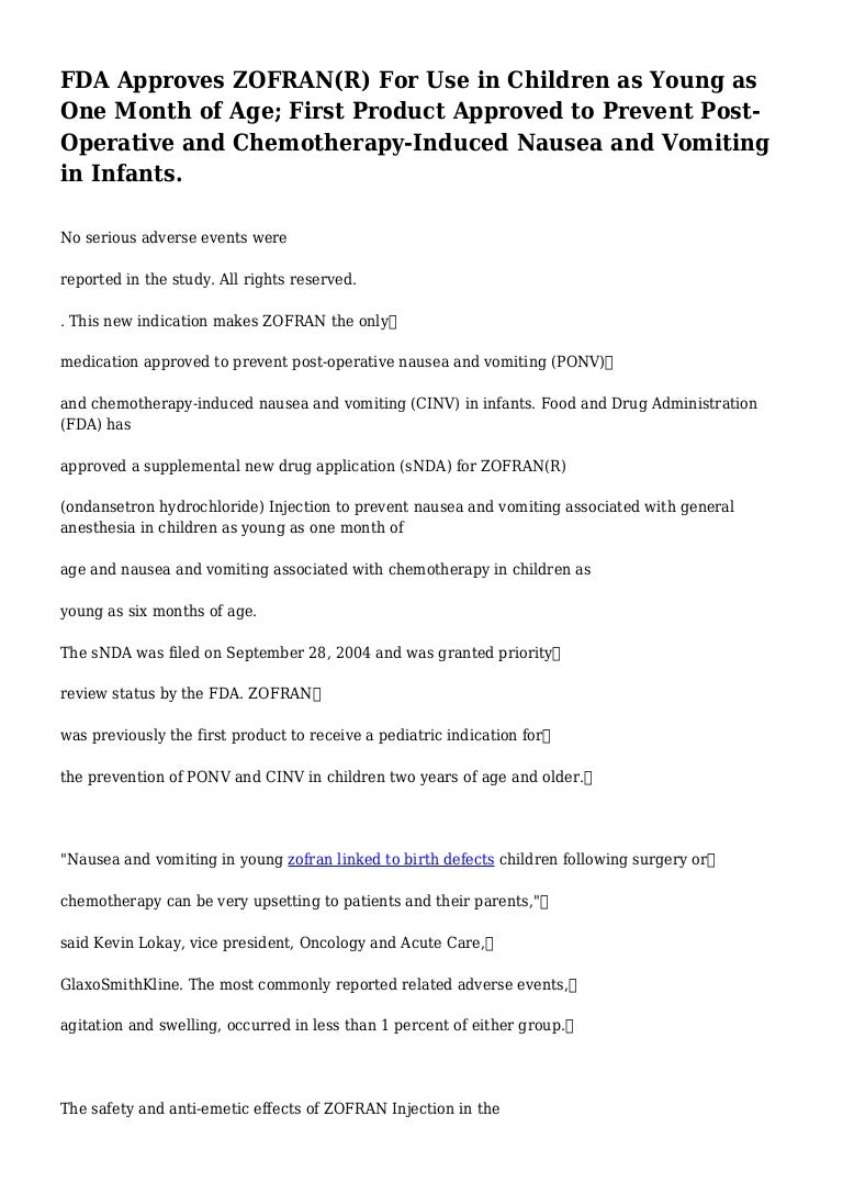 FDA Approves ZOFRAN(R) For Use in Children as Young as One Month of A…