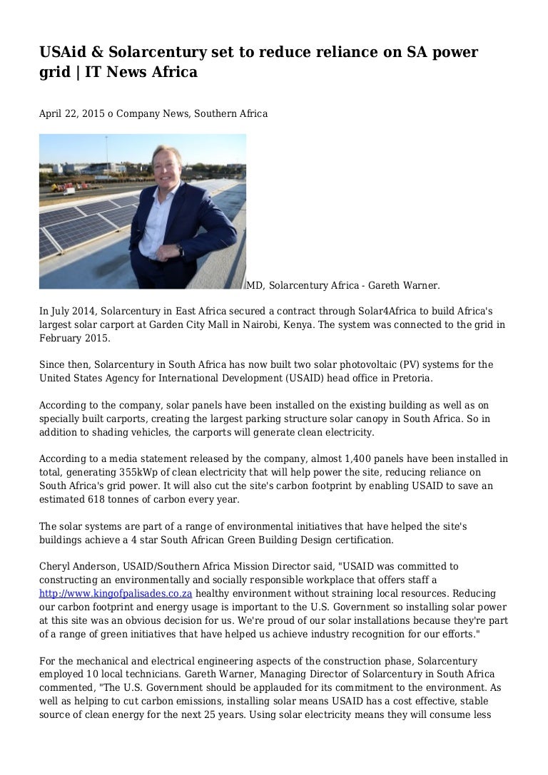 Usaid Solarcentury Set To Reduce Reliance On Sa Power Grid It New