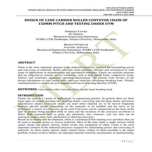 DESIGN OF CANE CARRIER ROLLER CONVEYOR CHAIN OF 150MM PITCH AND TESTING ...