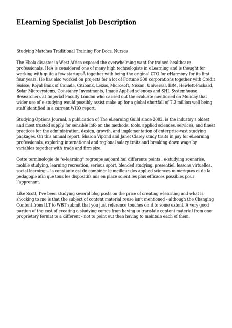 ELearning Specialist Job Description