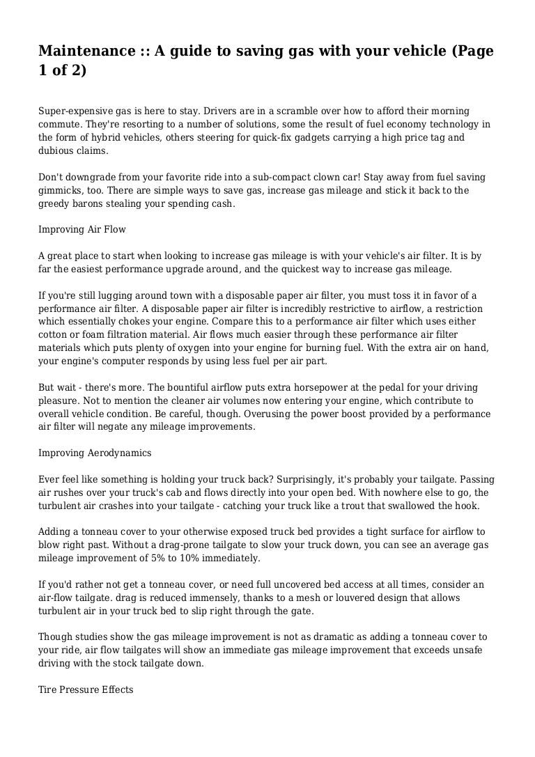 Maintenance A Guide To Saving Gas With Your Vehicle Page 1 Of 2