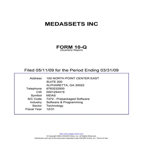 Q1 2009 Earning Report of Medassets Inc.