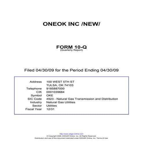 Q1 2009 Earning Report of Oneok Inc.