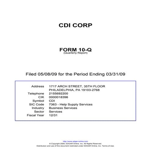 Q1 2009 Earning Report of C D I Corp.