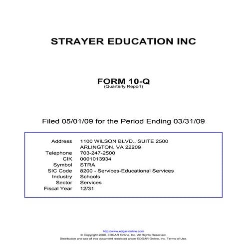 Q1 2009 Earning Report of Strayer Education, Inc.