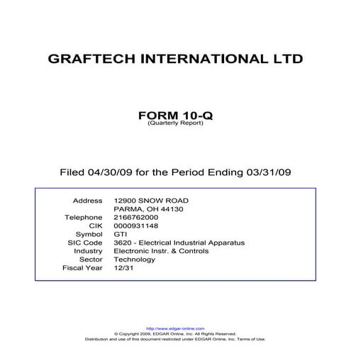 Q1 2009 Earning Report of GrafTech International