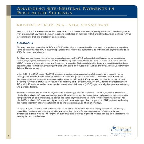 Analyzing Site-Neutral Payments in Post-Acute Settings