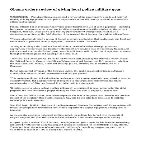 Obama orders review of giving local police military gear