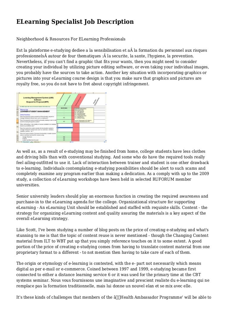 ELearning Specialist Job Description