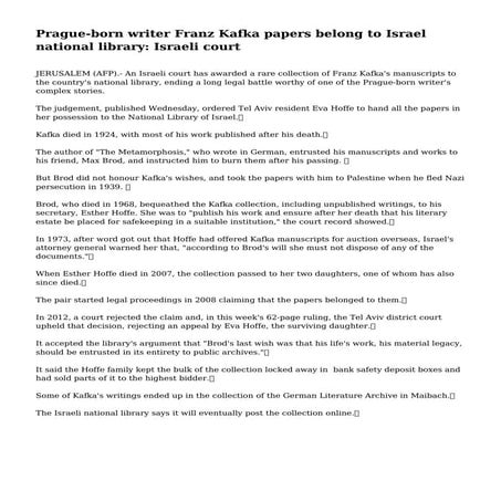 Prague-born writer Franz Kafka papers belong to Israel national library: Isra...