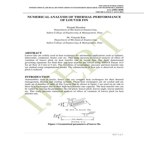 NUMERICAL ANALYSIS OF THERMAL PERFORMANCE OF LOUVER FIN