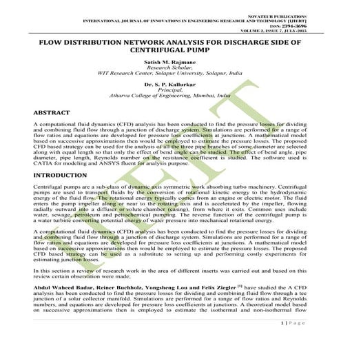 FLOW DISTRIBUTION NETWORK ANALYSIS FOR DISCHARGE SIDE OF CENTRIFUGAL PUMP