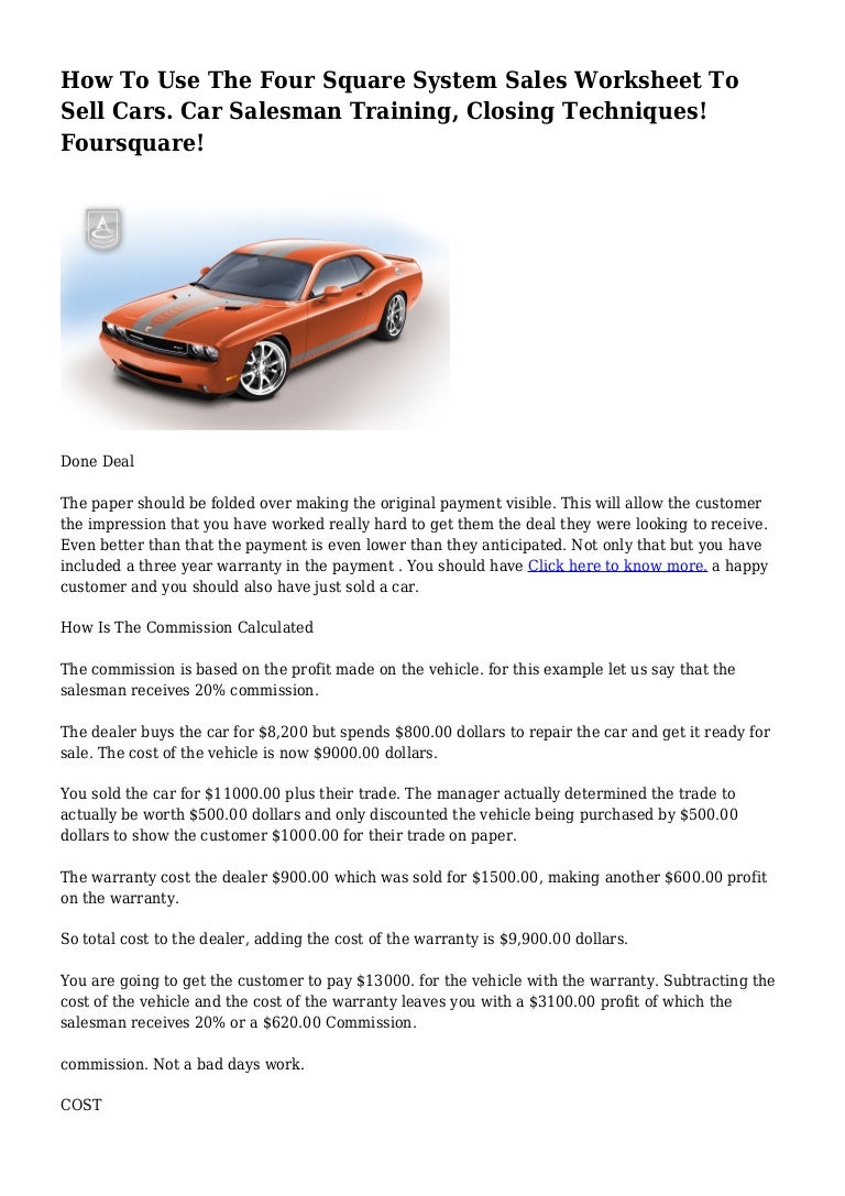worksheet Car Sales Worksheet how to use the four square system sales worksheet sell cars car