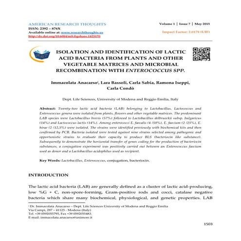 ISOLATION AND IDENTIFICATION OF LACTIC ACID BACTERIA FROM PLANTS AND ...