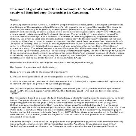 The social grants and black women in South Africa: a case study of Bophelong ...
