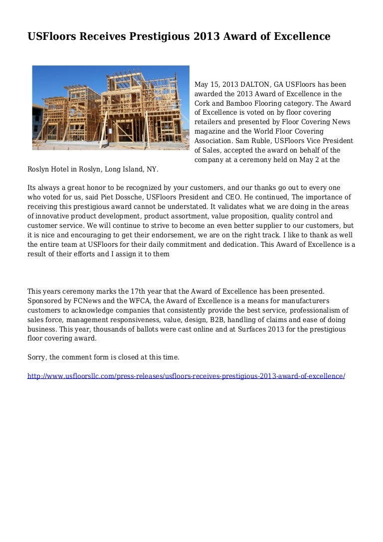 Usfloors Receives Prestigious 2013 Award Of Excellence