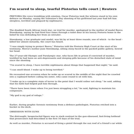 I'm scared to sleep, tearful Pistorius tells court
| Reuters