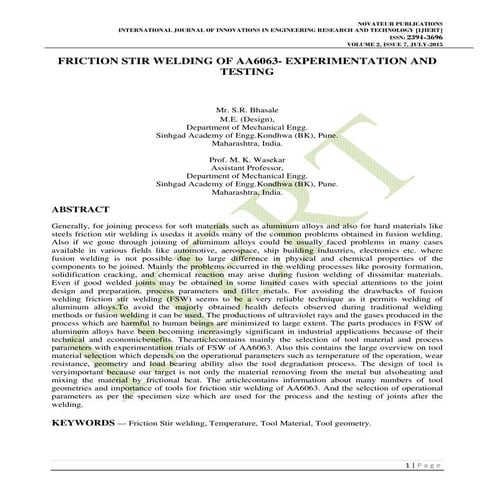 FRICTION STIR WELDING OF AA6063- EXPERIMENTATION AND TESTING