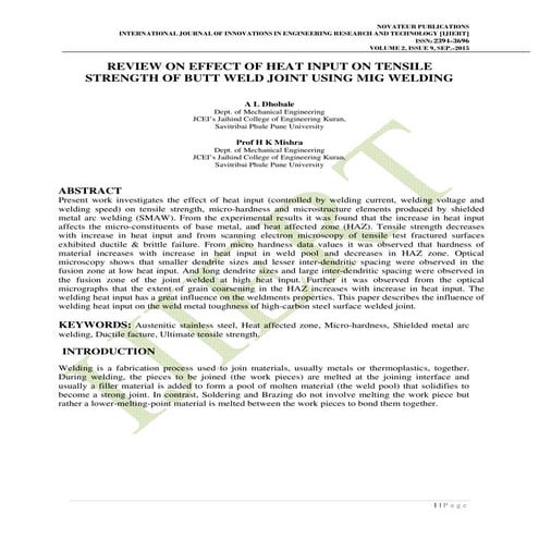 REVIEW ON EFFECT OF HEAT INPUT ON TENSILE STRENGTH OF BUTT WELD JOINT USING M...