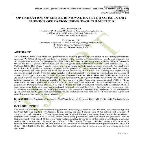 OPTIMIZATION OF METAL REMOVAL RATE FOR SS316L IN DRY TURNING OPERATION USING ...