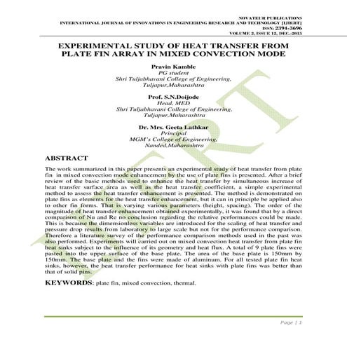 EXPERIMENTAL STUDY OF HEAT TRANSFER FROM PLATE FIN ARRAY IN MIXED CONVECTION ...