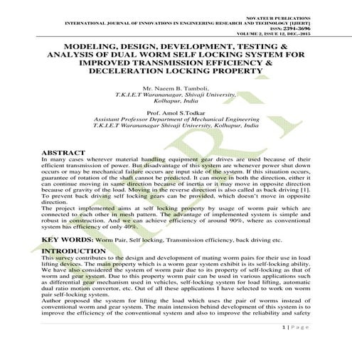 MODELING, DESIGN, DEVELOPMENT, TESTING & ANALYSIS OF DUAL WORM SELF LOCKING S...