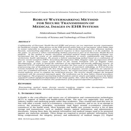 ROBUST WATERMARKING METHOD FOR SECURE TRANSMISSION OF MEDICAL IMAGES IN EHR S...