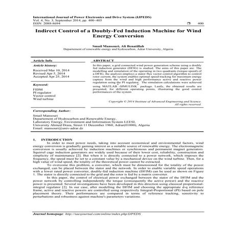 Indirect Control of a Doubly-Fed Induction Machine for Wind Energy Conversion