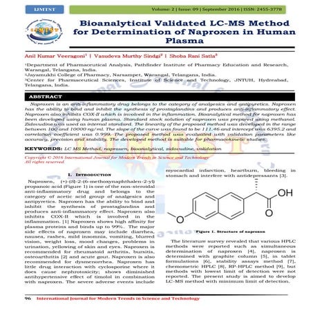 Bioanalytical Validated LC-MS Method for Determination of Naproxen in Human P...