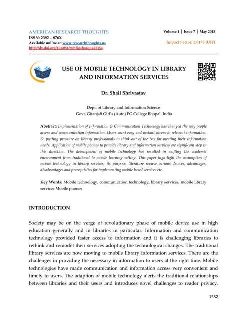 USE OF MOBILE TECHNOLOGY IN LIBRARY  AND INFORMATION SERVICES